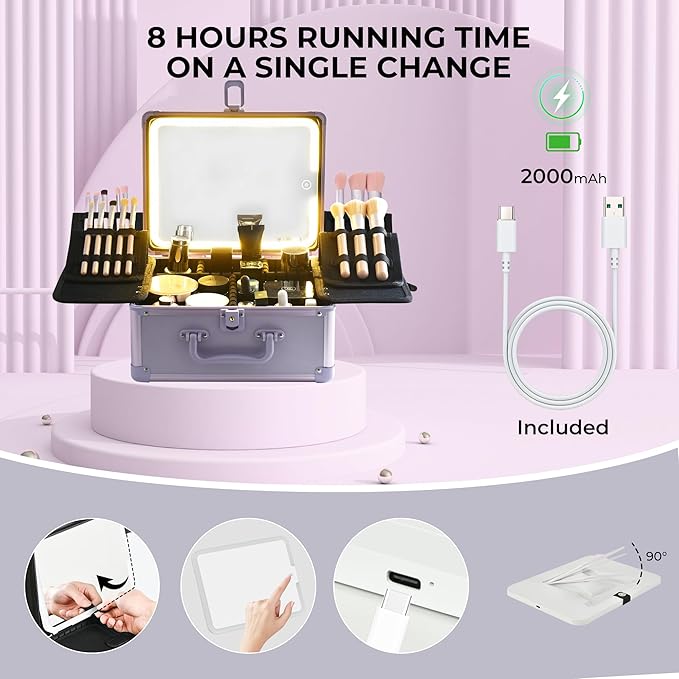 GALHUBIS Makeup Case with Lighted Mirror, Makeup Box Organizer with Detachable LED Mirror, Travel Makeup Train Case, Waterproof Cosmetic Organizer, Standing Brush Holder, Gift, Purple
