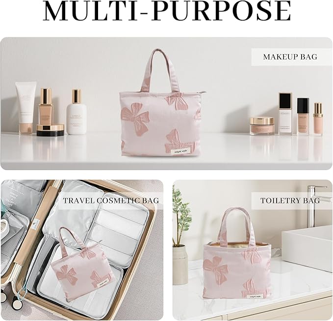 Wudygirl Makeup Bag Travel Cosmetic Bag for Women Small Makeup Pouch with Handle Zipper Cosmetic Pouch Handbag Aesthetic 8.3" x 6.7"(Pink Bow)