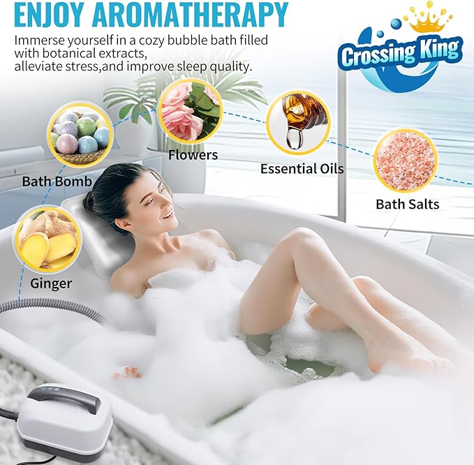 Bubble Bath Mat Tub Spa Massager, Portable Spa Bubble Bath Massager with Upgraded Powerful Suction Cup, Electric Air Pump, Pillow and Remote Control for Relaxation 45 * 17in (Grey)