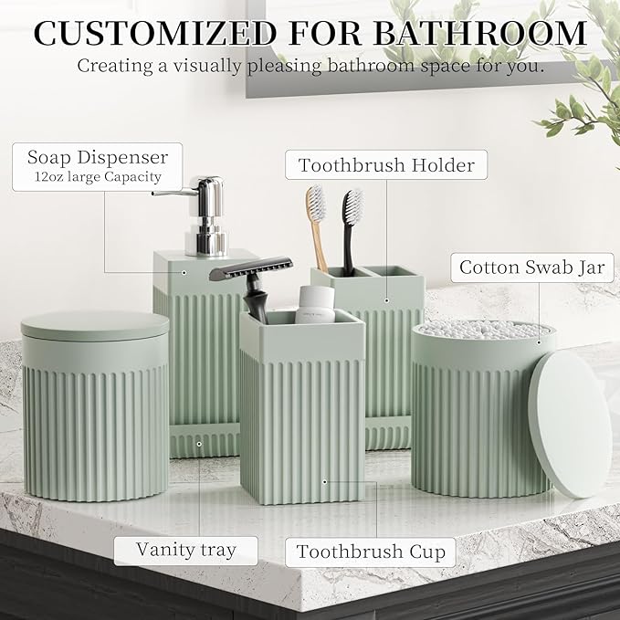 InnJoey Bathroom Accessories Set, 6-Piece Resin Green Bathroom Set with Toothbrush Holders, Soap Dispenser, Vanity Tray, Tumbler, Cotton Swab Jars, Modern Bathroom Organizer for Small Spaces