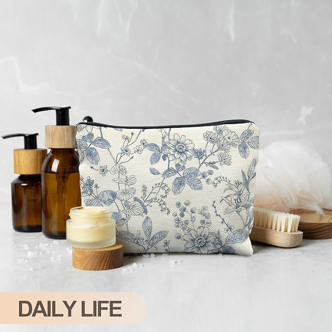 RYYCDOI Vintage Blue Floral Makeup Bag, Chinoiserie Blue and White Floral Cosmetic Bags for Women, Retro Flower Botanical Zipper Makeup Pouch