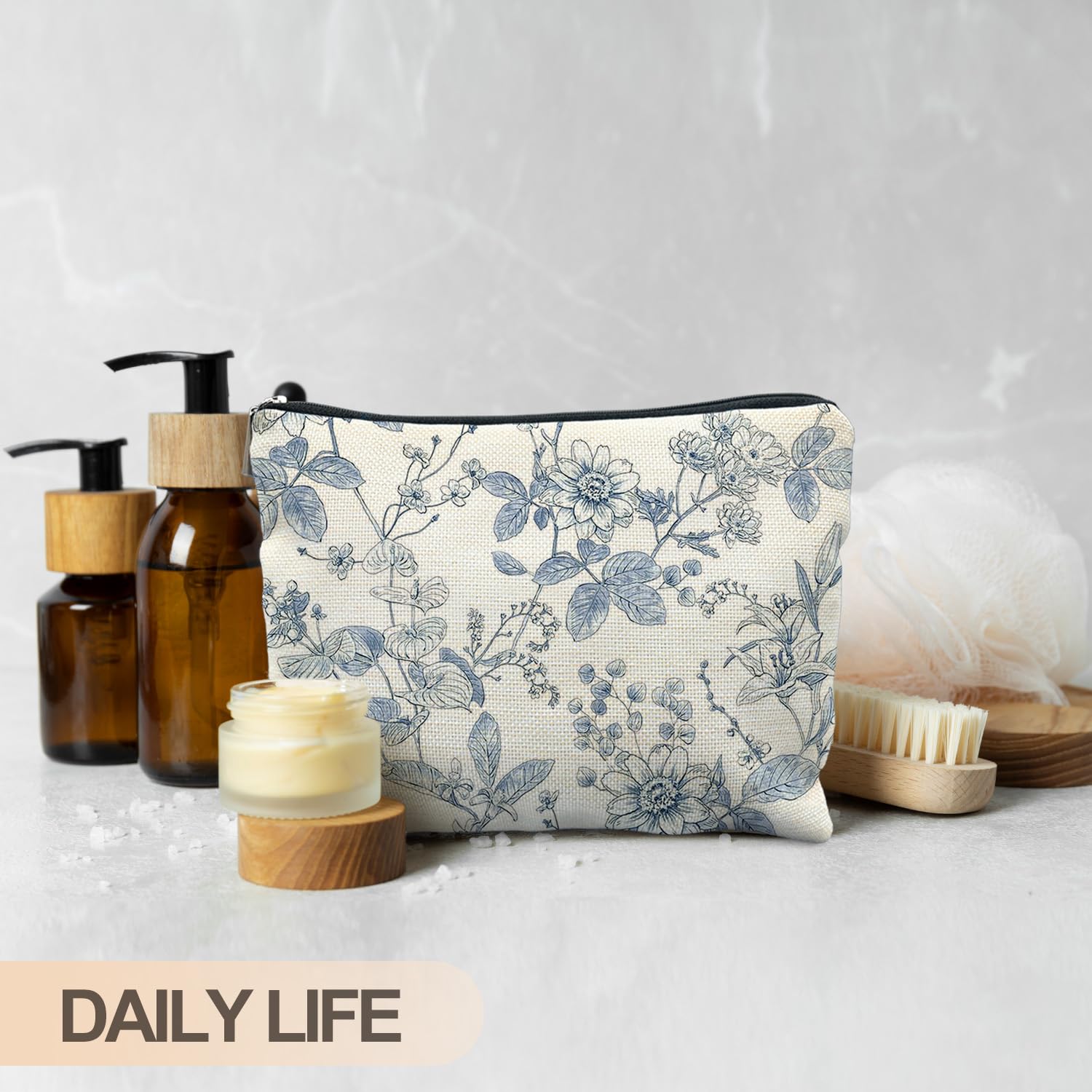 RYYCDOI Vintage Blue Floral Makeup Bag, Chinoiserie Blue and White Floral Cosmetic Bags for Women, Retro Flower Botanical Zipper Makeup Pouch