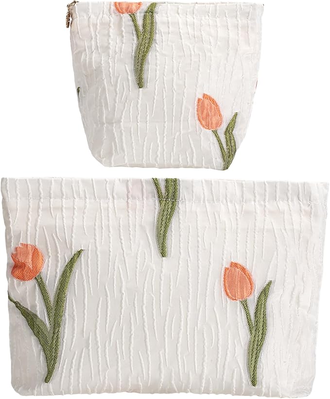 RIKMOXR 2-Pack Tulip Print Makeup Bag Set - White Fabric Cosmetic Organizer Pouches (1 Large + 1 Small) for Daily & Travel Use