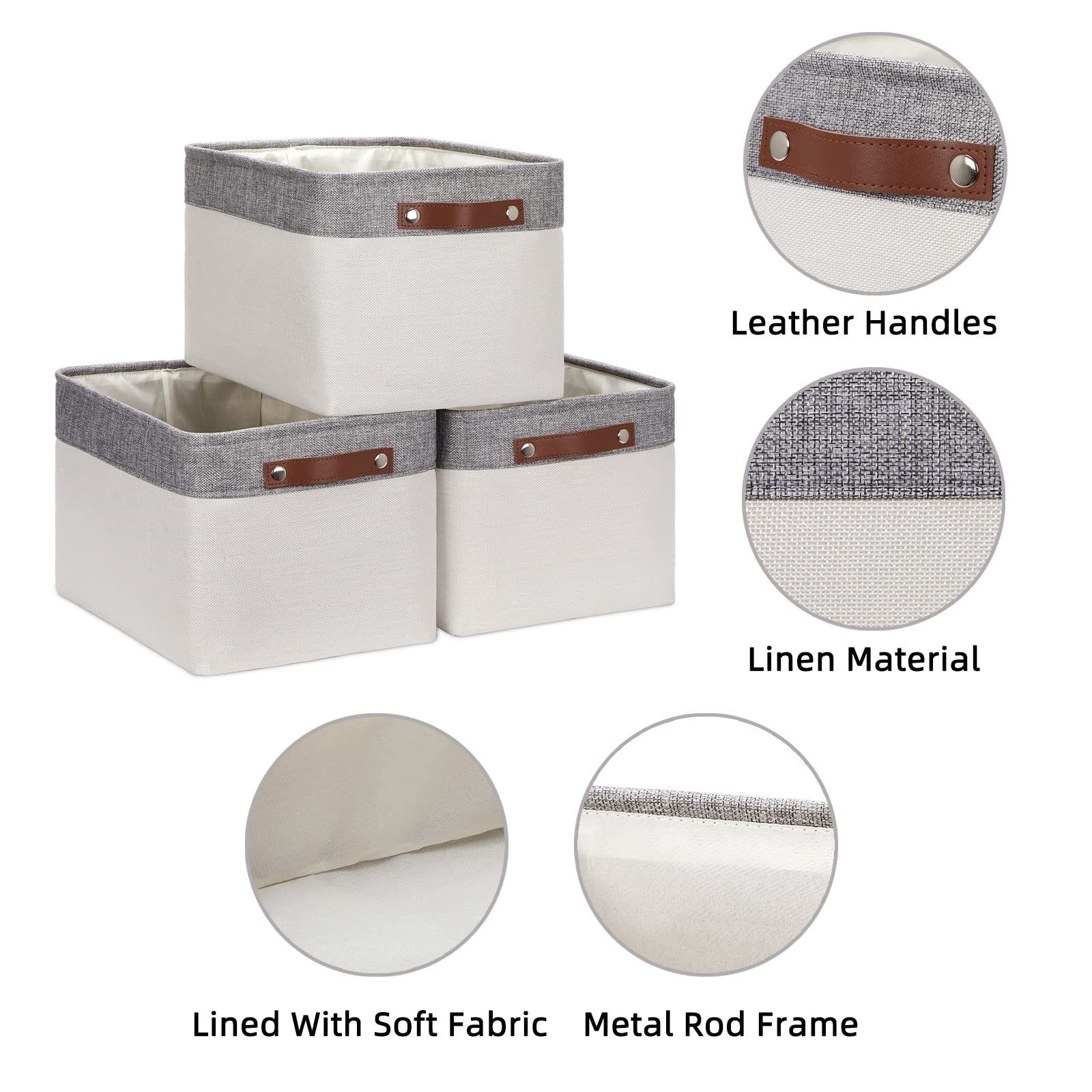 HNZIGE Large Storage Baskets for Shelves(3 Pack) Fabric Storage Toy Baskets with Handles, Decorative Foldable Storage Bins for Organizing (Gray&White-Leather Handles, 15"x11"x9.5")