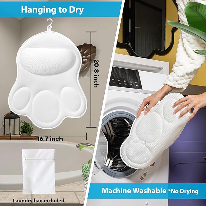 JUSDOO Bath Pillows for Tub Neck and Back Support - Upgraded Non-Slip Rubber Backing & 6 Suction Cups, 4D Air Mesh Spa Bathtub Cushion for Head Rest, Machine Washable with Laundry Bag & Hook(White)