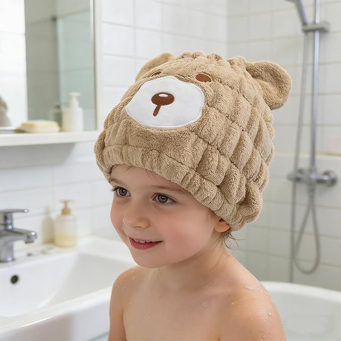 Ksheria 2 PCS Microfiber Hair Towel Wrap for Kids, Girls & Women,Cute Unicorn and White Rabbit Dry Hair Cap - Super Absorbent Quick Drying, Lightweight Turban Towel for Wet Hair (Brown) (Color A)