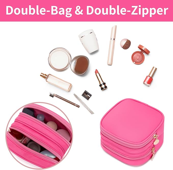 XIAOLER Small Makeup Pouch, Double Zipper Cosmetic Bag, Travel Makeup Bag, Cute Makeup Bag for Purse, Mini Toiletry Bag (Bubblegum)