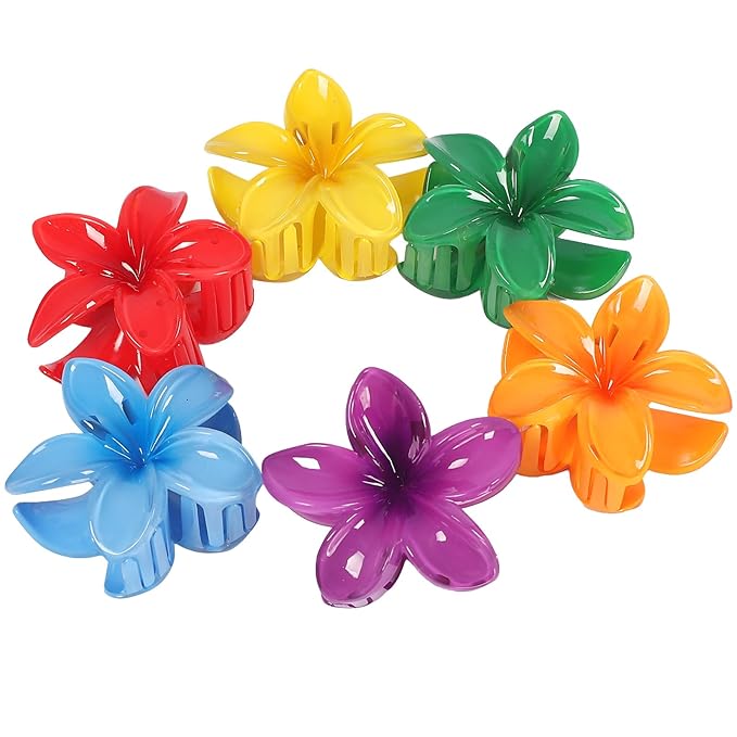 Sisiaipu Flower Hair Clips for Women 6 Pcs Hawaiian Large Claw Clips Plumeria Medium Hair Claw Clips for Thick Thin Hair Hibiscus Tropical Beach Hair Accessories for Women Girls and Girls-Dark Color