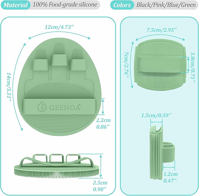 Silicone Bath Glove & Face Scrubber Set 2PCS, 360° Anti-Slip & Hand-fit Body Scrubber for Rich Foaming Deep Cleaning, Unique Facial Scrubber with Side-bristles for Contoured Areas.(Green)