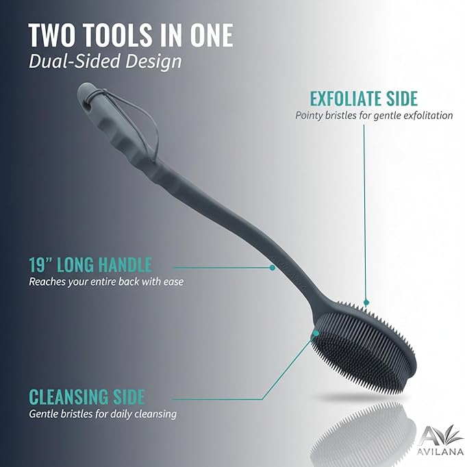 Avilana Silicone Body Scrubber for Shower – SGS Certified Food Grade Dual Sided Bath Brush, Gentle Exfoliating Silicone Loofah Alternative, Sensitive Skin Body Brush (Dark Gray, Long Handle)