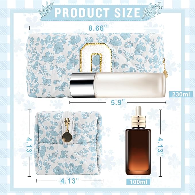 Personalized Quilted Cosmetic Bag, Puffy Monogrammed Christmas Birthday Gifts for Women & Girls, Cute initial Floral Makeup Bag Puffer Coquette Bag, Aesthetic Travel Toiletry Zipper Pouch(Blue,O)