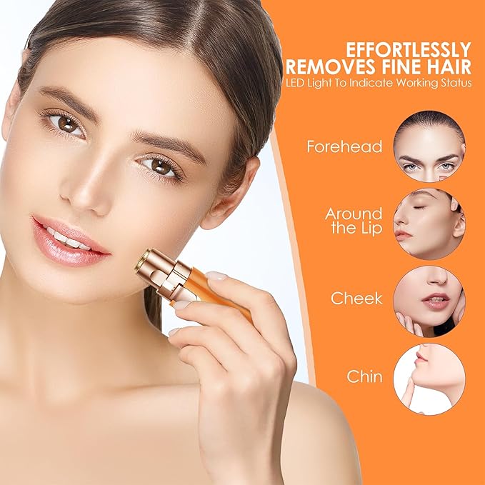 VG VOGCREST Eyebrow Facial Trimmer: 2 in1 Rechargeable Facial Hair Removal and Eyebrow Shaver - Face Lips Body Painless Facial Razor with Built-in LED Light (Orange)