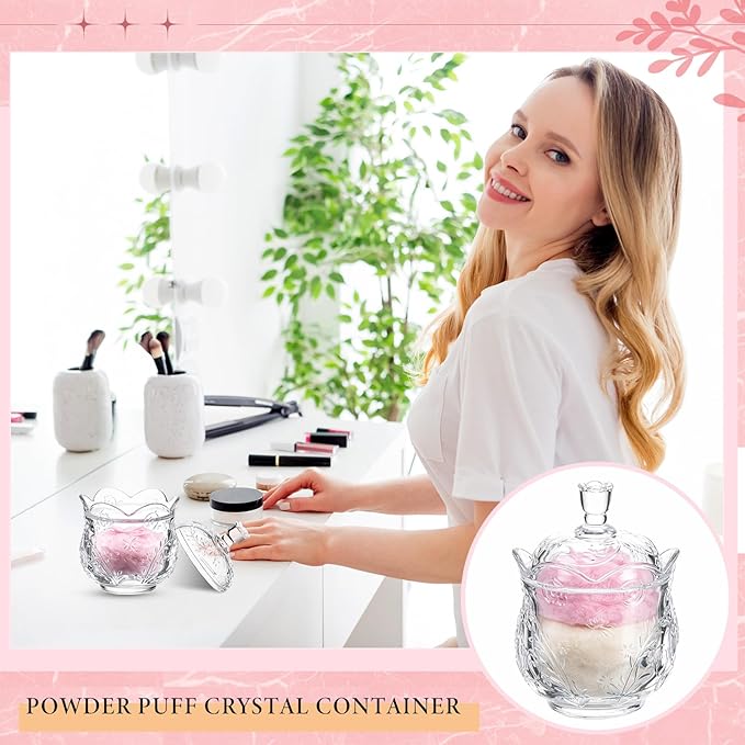 Tioncy 3 Pcs Large Body Powder Puff and Container Valentine's Day gift Powder Container with Puff Crystal Case Soft Washable Reusable Velour Face Body Glitter Wet Dry Makeup(Floral Embossed,Clear)