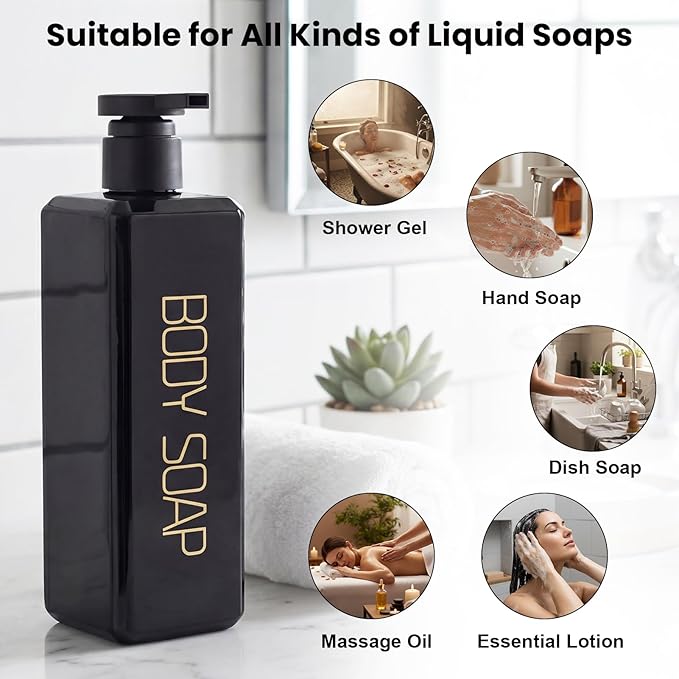 Shampoo and Conditioner Dispenser Shower Soap Bottles 3 Pack 550ml/18.6oz Refillable Shampoo Pump Bottle Dispenser Plastic Empty Body Wash Dispensers with Stylish Permanent Labels for Bathroom (Black)