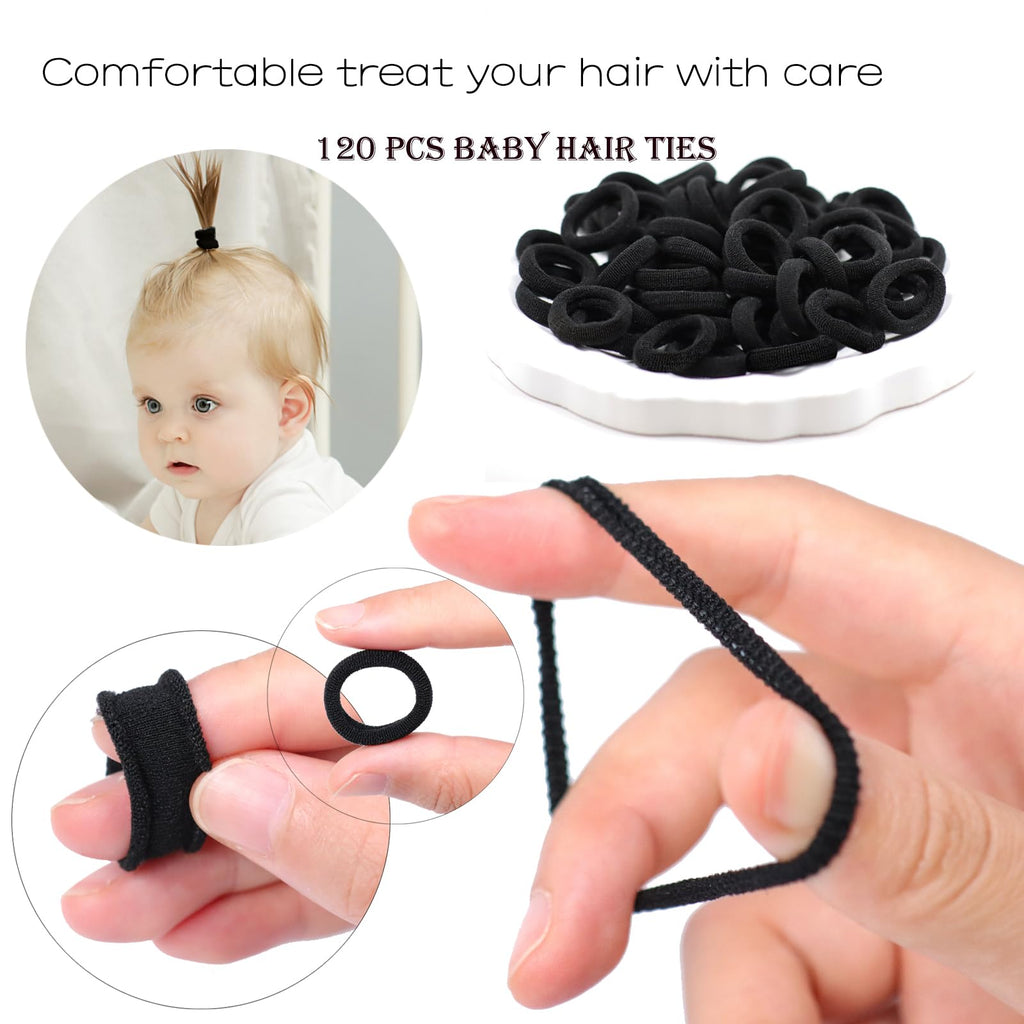 WillingTee 120 Pcs Baby Hair Ties, Cotton Toddler Hair Ties for Girls and Kids, Multicolor Small Seamless Hair Bands Elastic Ponytail Holders,Black