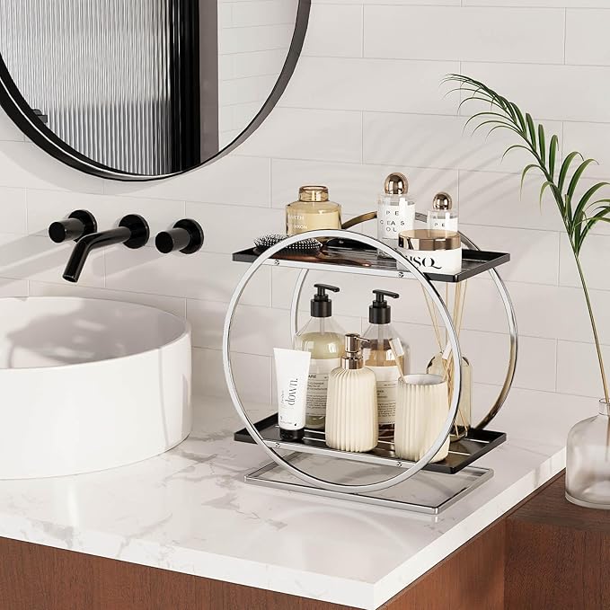 YIWANFW Bathroom Counter Organizer, Silver Black Perfume Organizer for Dresser, 2-Tier Bathroom Organizers and Storage, Exquisite Makeup Organizer Countertop Vanity Tray for Perfume Cosmetic Skincare
