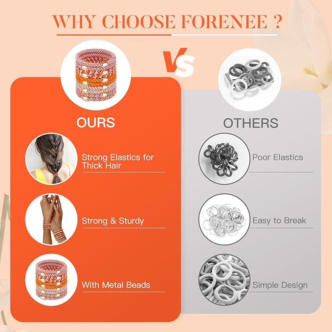 FORENEE Hair Ties No Damage(10PCS) - Ponytail Holders - Elastic Hair Ties for Thick Hair - Braided Hair Bands for Women Girls's Hair - Persimmon Orange