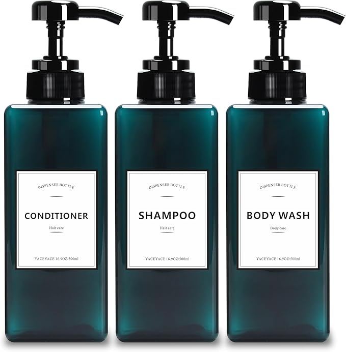 YACEYACE 16.9oz Set of 3 Refillable Shower Dispensers, Black, Rectangular, PUMP DISPENSER
