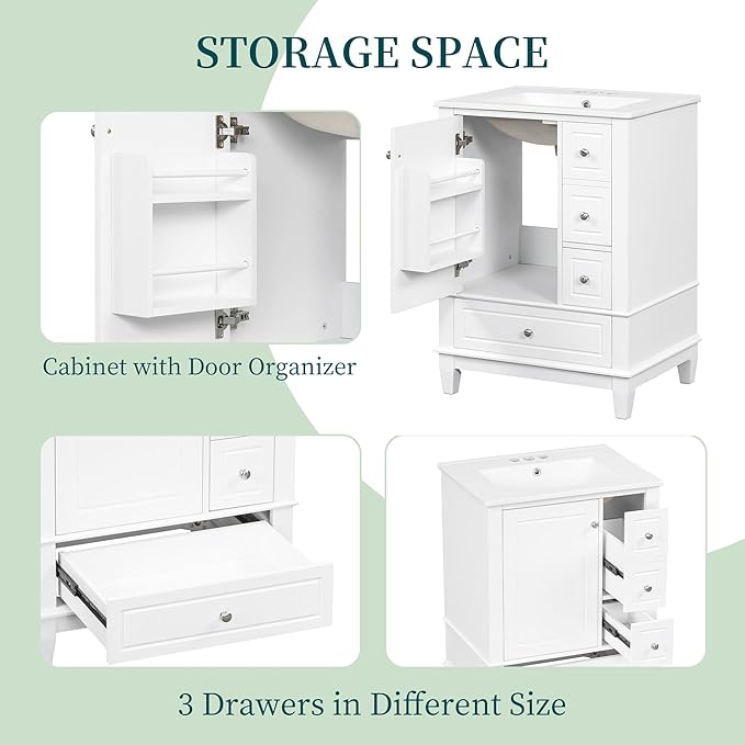 24" Bathroom Vanity with Sink, Harper & Bright Designs Free Standing Single Vanity Set with 3 Drawers and One Door with Storage Racks, Solid Wood Storage Cabinet with Ceramic Basin for Bathroom, White