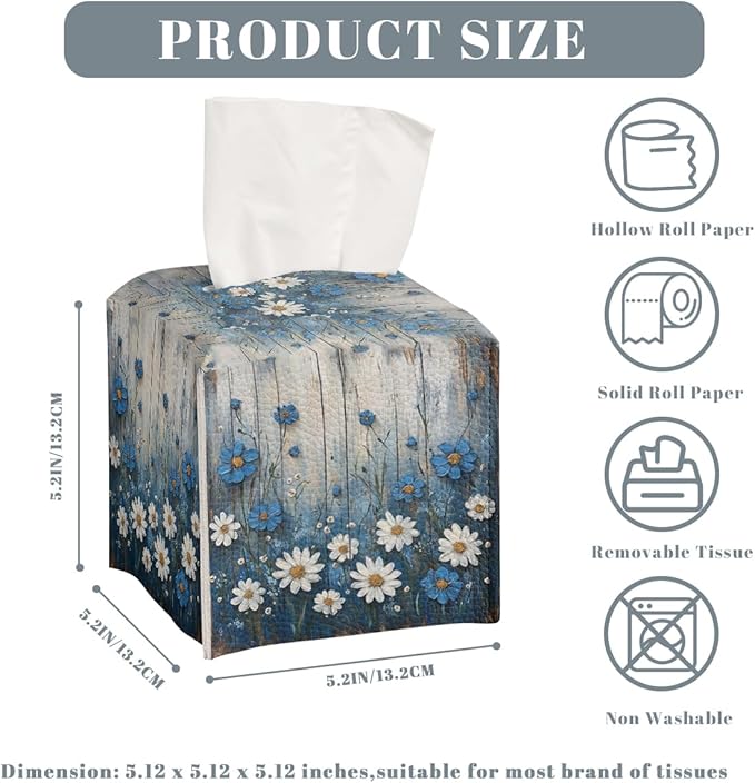 White Flowers Daisy Tissue Box Cover Rustic Floral Wooden Country Leather Tissue Box Holder Square Facial Paper Organizer Dispenser for Car Bathroom Bedroom Office Tabletop Decor