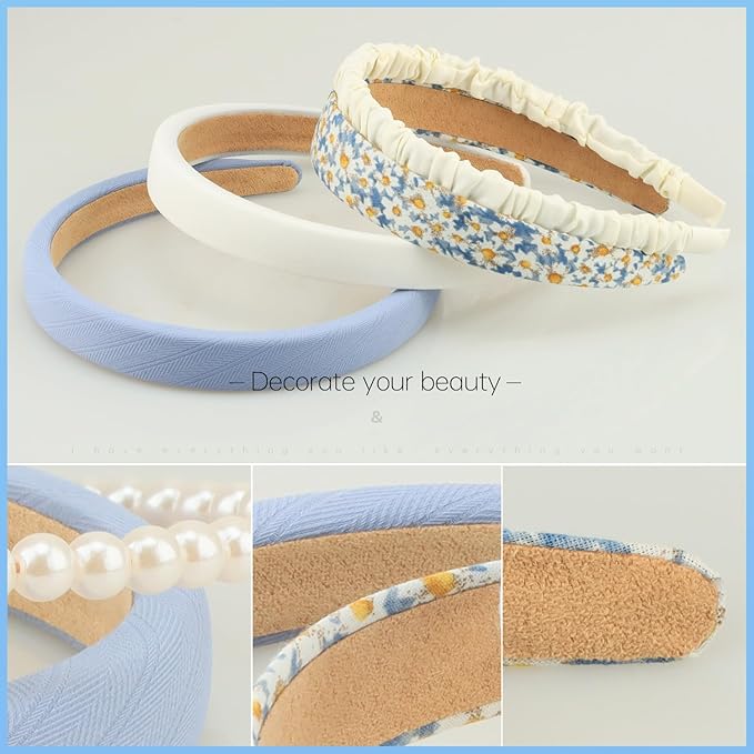 DOXISHRUKY Fashion Headbands Set, 6pcs Pearl Floral Padded Wide Vintage Headbands for Women and Girls (Blue)