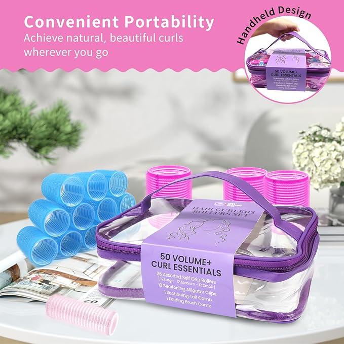 Hair Rollers Large Small 50PCS Set, 36PC Large Medium Small Hair Rollers for Volume Curlers with 12PC Clips and 2 Combs for Short Medium Blowout Look Long Hair Gift for Women Girls