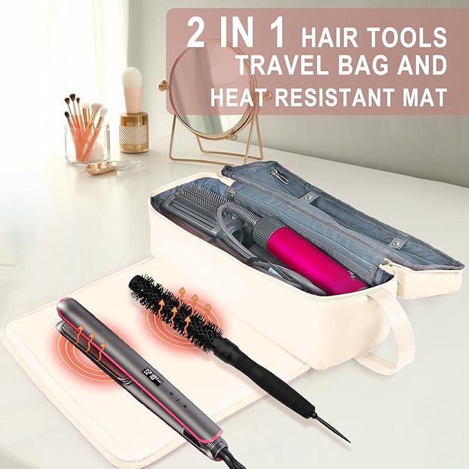 FAMOPLAY Hair Tools Travel Bag with Heat Resistant Mat Hair Styling Accessories Storage Case for Hair Dryer Flat Iron Straightener Curling Iron Haircare Accessories Travel Essentials for Women