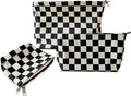 HAPPYHEIDI Checkered Corduroy Makeup Bag Set 3 Women Cosmetic Toiletry Travel Pouch Purse Accessory Organizer, 3-Size, Vintage Black Tan-White