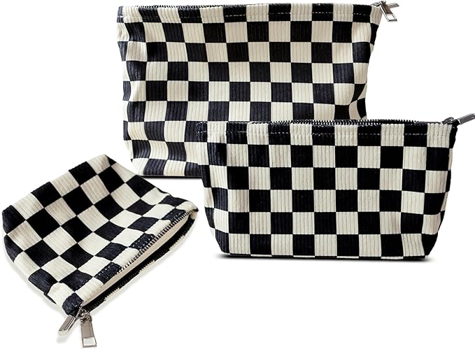 HAPPYHEIDI Checkered Corduroy Makeup Bag Set 3 Women Cosmetic Toiletry Travel Pouch Purse Accessory Organizer, 3-Size, Vintage Black Tan-White