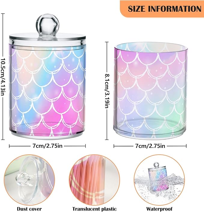 2 Pack Qtip Holder Dispenser for Cotton Ball Rainbow Scales Mermaid Cotton Swab Cotton Round Pads Clear Plastic Acrylic Jar Set Bathroom Canister