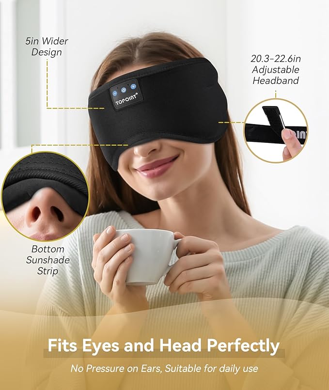 TOPOINT Sleep Mask with Headphones Bluetooth 5.4 Wireless, Sleep Headphones Earphones Earbuds with Microphone HD Speakers Music, Blackout Eye Mask for Sleeping Travel Meditation Men Women Cool Gadgets