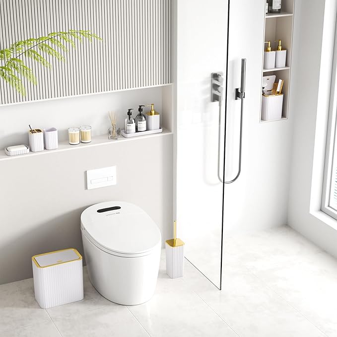 InnJoey Bathroom Accessory Set - Bathroom Set, 12PC Bathroom Accessories Set, White Bathroom Accessories Set, Mini Trash Can, Toilet Brush, Trash Can & Soap Dispenser