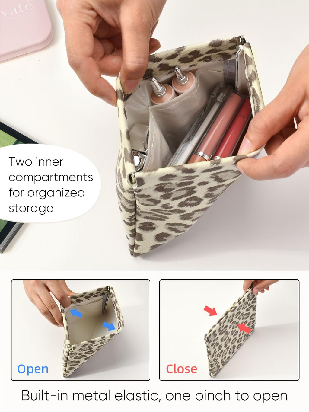 Ksriylm Leopard Leather Small Makeup Pouch for Women,Cosmetic Accessories,Waterproof and Portable Cosmetic Bag,Self-closing, No Zipper, Aesthetic Storage Pouch,Lipstick for Purse,Beige Brown