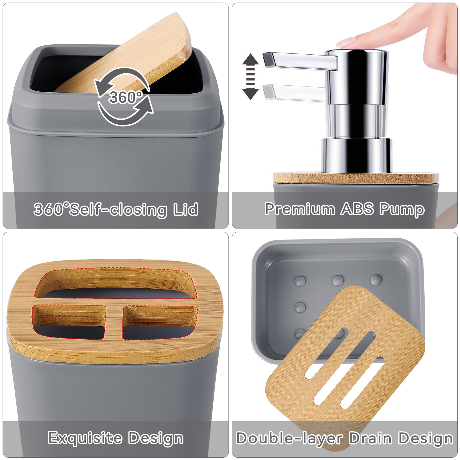Grey Bathroom Accessories Set with Trash Can 9 Piece Grey Bathroom Decor Toothbrush Holder,Toothbrush Cup,Lotion Soap Dispenser,Vanity Tray,Soap Dish,Toilet Brush,Qtip Holder