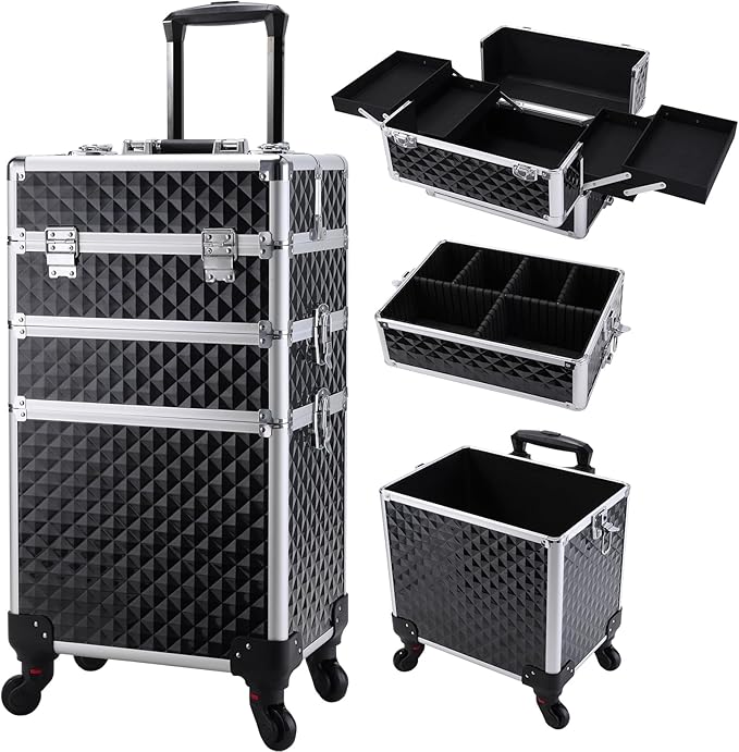 FRENESSA 3 in 1 Rolling Makeup Case Cosmetology Case on Wheel Vintage Black