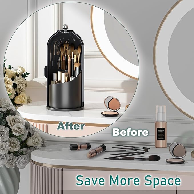 GAXmi Makeup Brush Holder with Lid Rotating Cosmetic Organizer, Dark Black