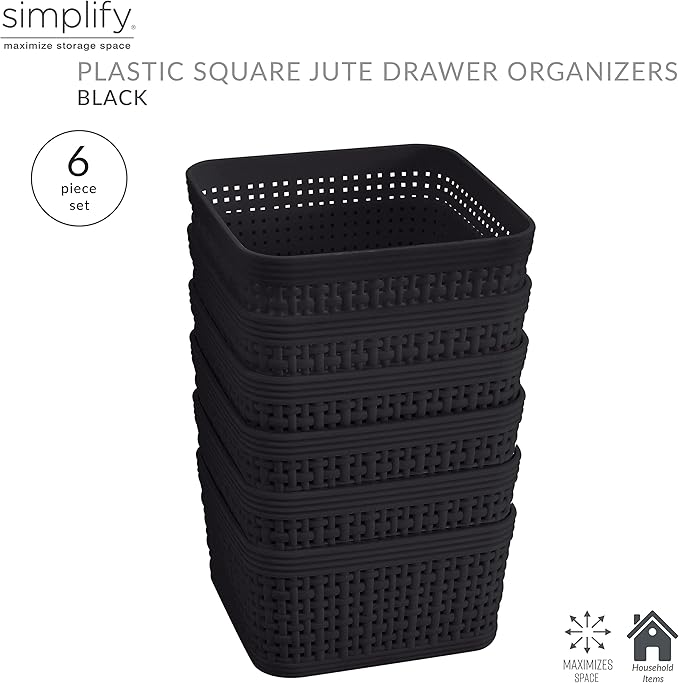Simplify 6 Pack Organizing Set | Square Bins | Multipurpose | Office | Desk | Dorm | Bathroom | Storage Basket | Small Items | Accessories | Black
