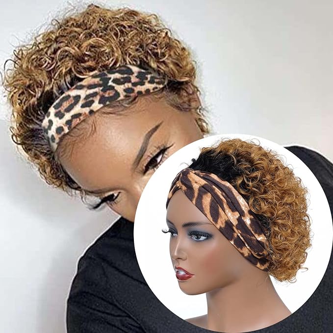 Headband Wigs Human Hair for Black Women Blonde Ombre Pixie Cut Headband Wig Put On and Go Glueless Human Hair Wig with Headband,150% Density 6inch，T27