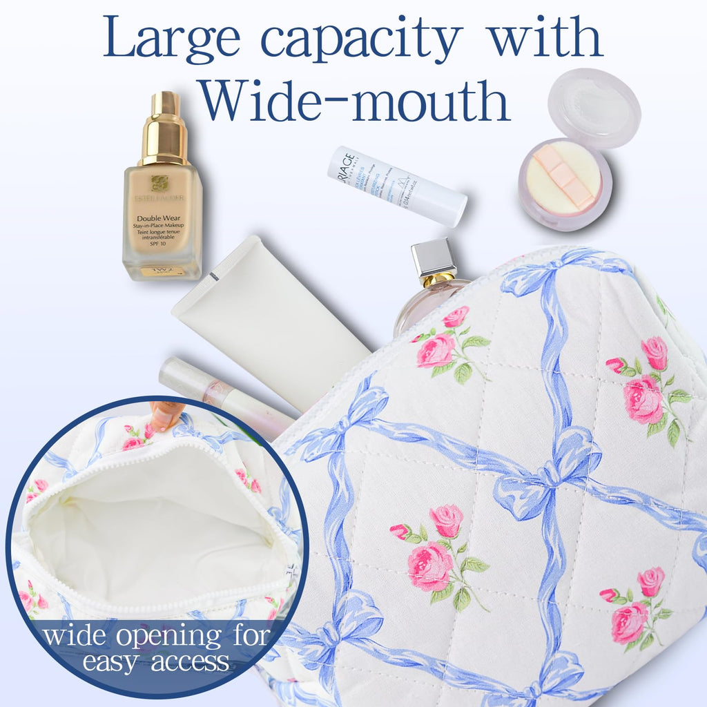 Quilted Makeup Bag Floral Cotton Make up Bag Puffy Coquette Makeup pouch Aesthetic Cute Travel Toiletry Bag for Women Girls