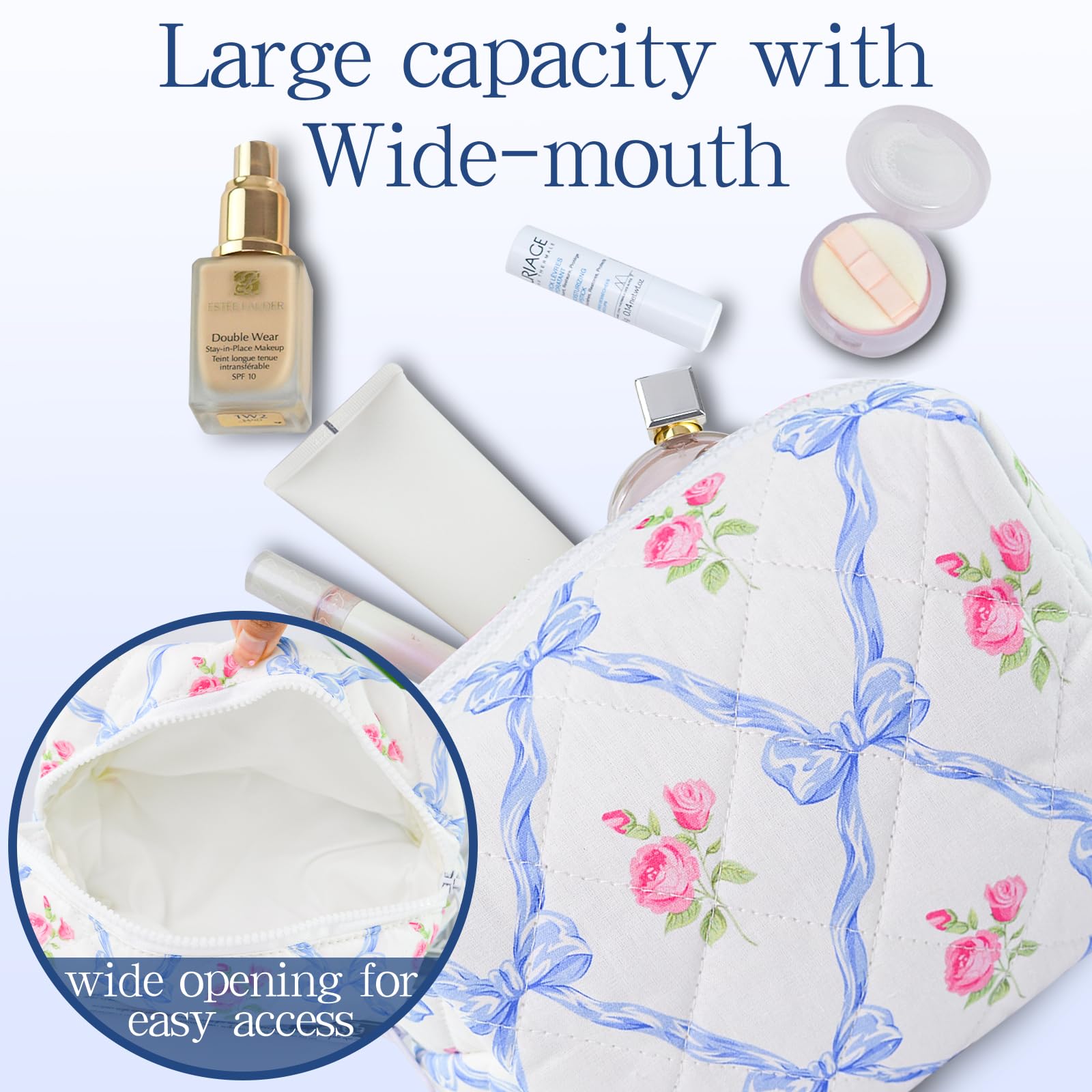 Quilted Makeup Bag Floral Cotton Make up Bag Puffy Coquette Makeup pouch Aesthetic Cute Travel Toiletry Bag for Women Girls