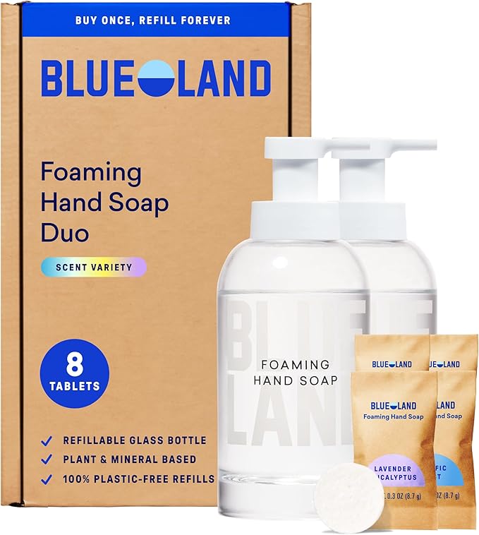 BLUELAND Hand Soap Duo, 2 Refillable Glass Foaming Hand Soap Dispensers with 8 Refill Tablets, Variety Scents, 8 x 9 Fl oz