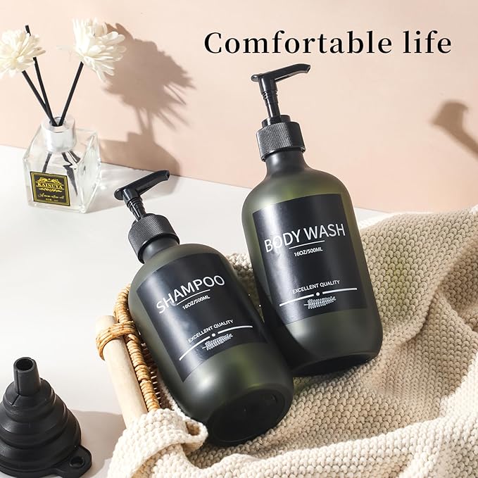 Mithrgrous Plastic Refillable Shampoo and Conditioner Bottles with Pumps and Labels (5-Pack, Green)