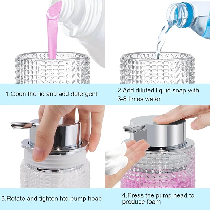 Fvstar Foaming Hand Soap Dispenser, 10 oz Refillable Clear Glass Foam Soap Dispenser with Large Pump Bottle Container for Kitchen and Bathroom,1 pc