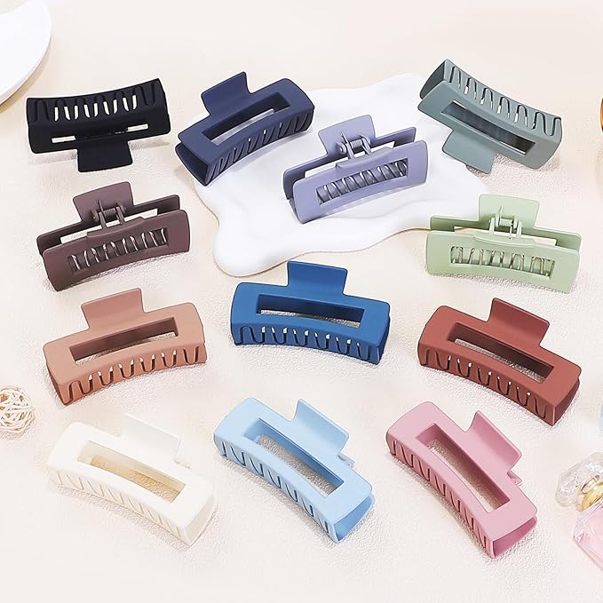 Sisiaipu Hair Clip - Claw, 4.1 Inch Extra Large for Thick, Long, Curly Hair, 12 Pcs, 12 Rubber Paint and Plastic Materials, Non-Slip Design, Women and Girls Hair Accessories - Multicolor