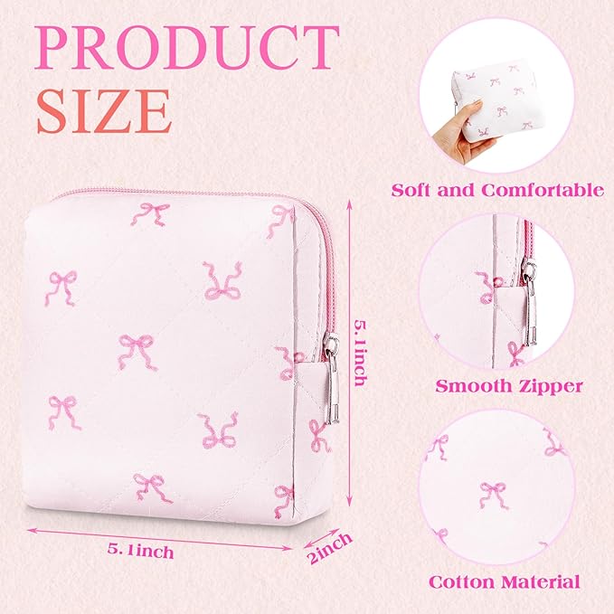 Paterr 4 Pcs Mini Quilted Floral Makeup Bag Pink Bow Cosmetic Bag Small Coquette Quilted Pouch with Zipper Cute Kawaii Cotton Travel Toiletry Bags for Girls Back to School Teacher Students Gifts