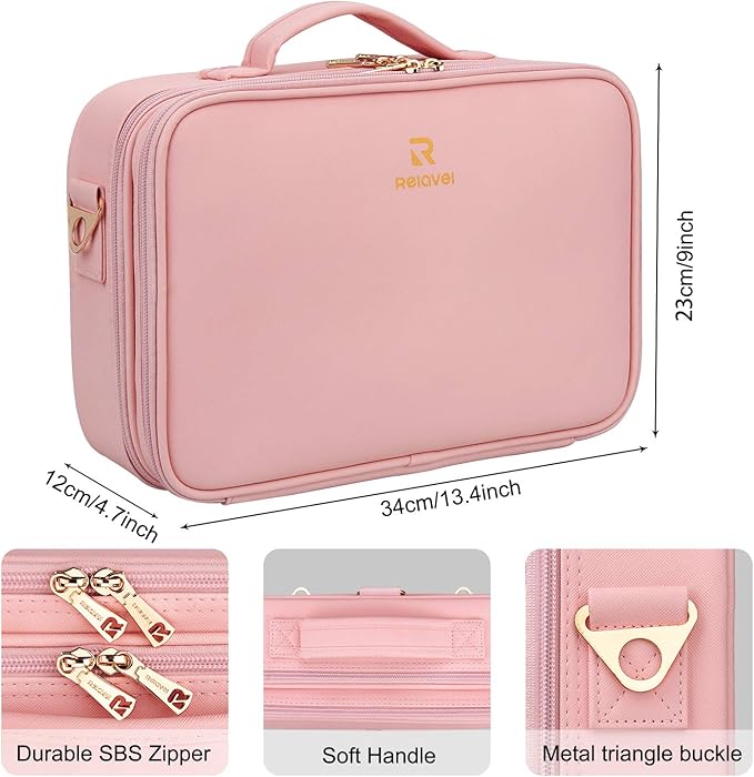 Relavel Makeup Bag Travel Makeup Train Case 13 inches Large Cosmetic Case Professional Portable Makeup Brush Holder Organizer and Storage with Adjustable Dividers and Shoulder Strap (Pink)