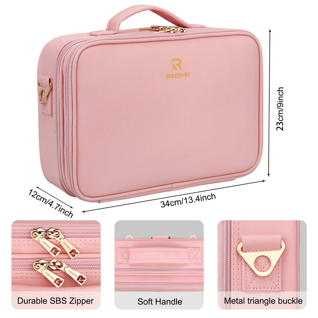Relavel Makeup Bag Travel Makeup Train Case 13 inches Large Cosmetic Case Professional Portable Makeup Brush Holder Organizer and Storage with Adjustable Dividers and Shoulder Strap (Pink)