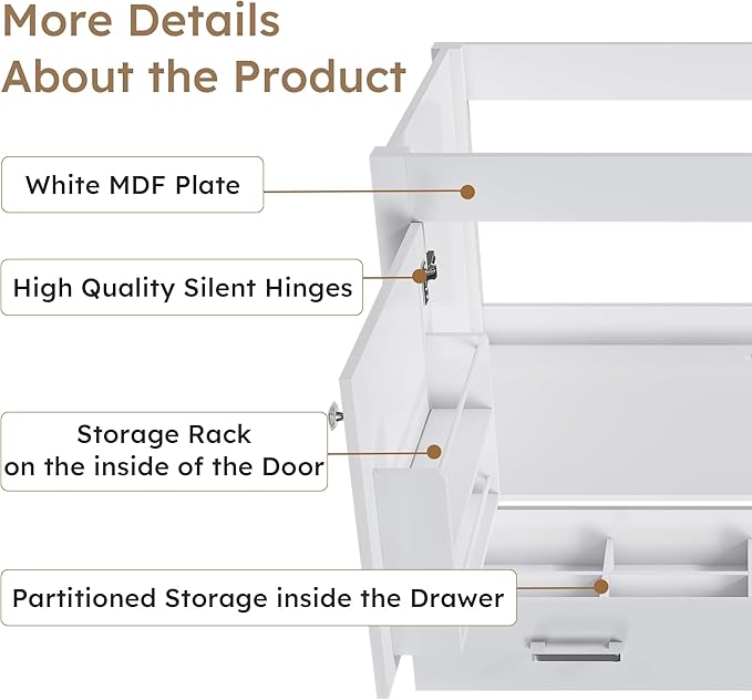Montary 42" Bathroom Vanity Without Sink, Modern Stylish MDF Bathroom Storage Cabinet, Freestanding Vanity with 2 Doors and One Large Divided Drawer, White (NOT Include Sink)