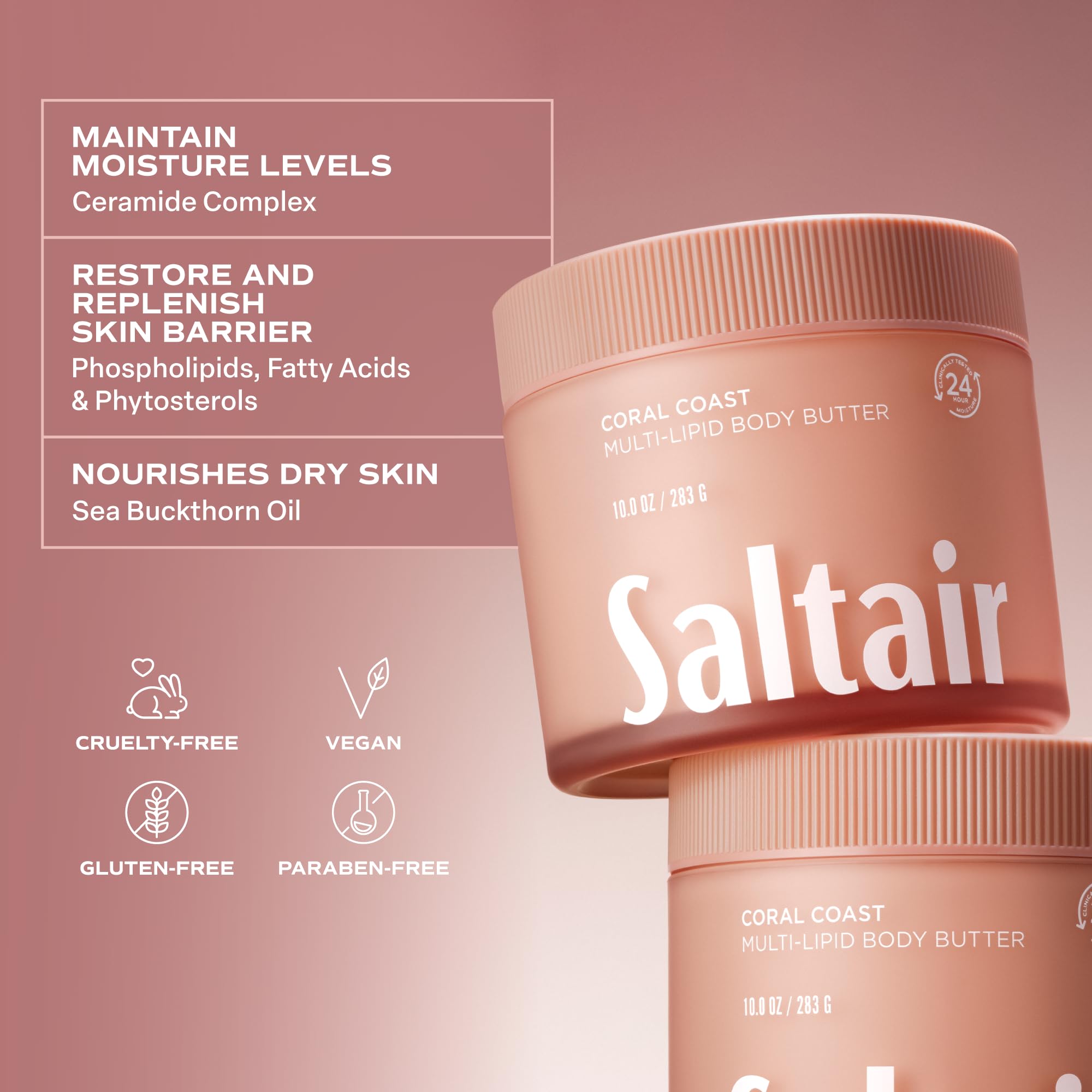 Saltair Multi-Lipid Body Butter – Hydrating 24-Hour Moisture – Body Cream for Soft Skin & Barrier Support – Ceramides, Coconut Oil & Shea Butter for Dry Skin Care – Coral Coast, 10oz