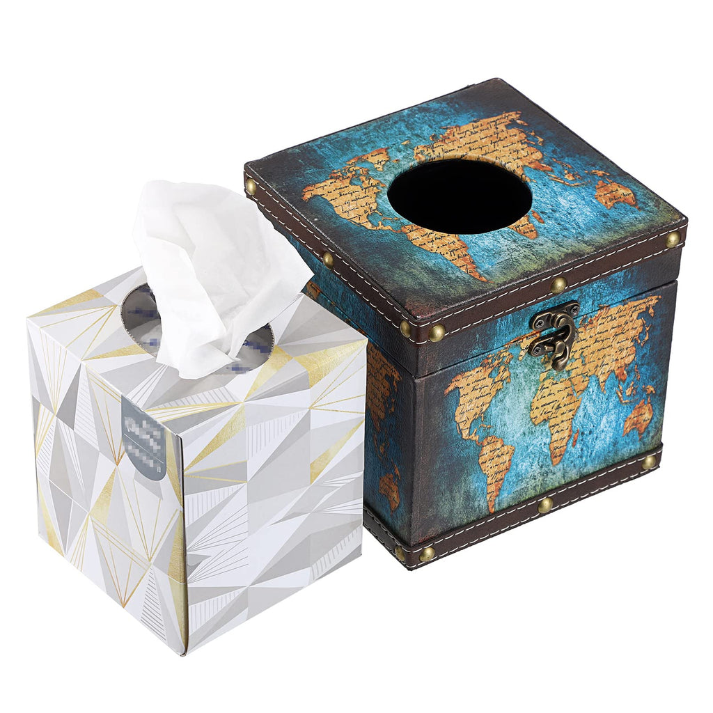 Sumnacon Retro Wood Square Tissue Box Cover - Vintage Cube Tissue Box Holder, Decorative Facial Tissue Holder for Bedroom Bathroom Dresser Night Stand Table Car Store Office Home Decor, Green